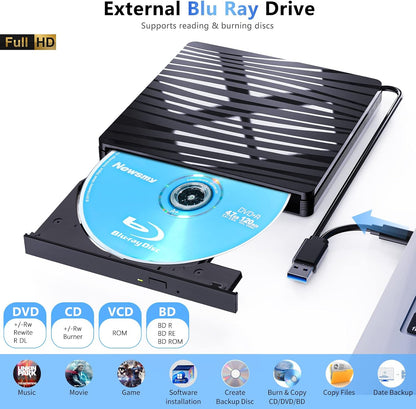 QDSYLQ External Blu Ray Drive 50G, Type-C & USB 3.0 HD 1080P Bluray Drive External Blu Ray Drive External BD CD DVD ROM RW Blu-ray Drive for Laptop PC Mac Windows 11/10/8/7/XP/Linux/MacOS