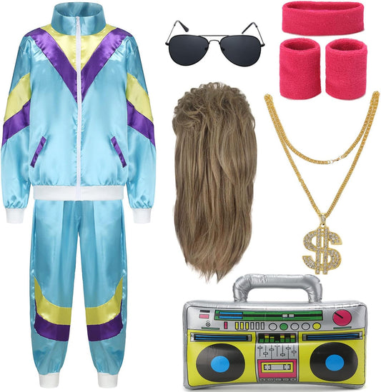 FOVER 80s Outfit, Men's, Women's Costume, Tracksuit, Pop Art, Retro Style Costume, Accessories Set with Inflatable Radio Sunglasses, Necklace, Sweatband for Theme Party, Fancy Dress