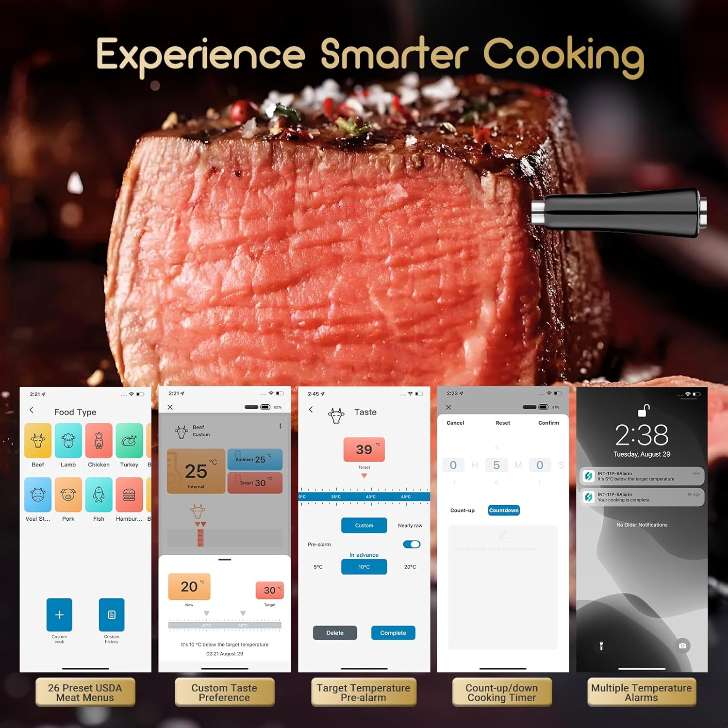 INKBIRD INT-11P-B Wireless Meat Thermometer 91m/300ft Range, Bluetooth Meat Thermometer Probe for Air Fryers Cooking, with Smart APP for Oven Grill Kitchen BBQ Smoker