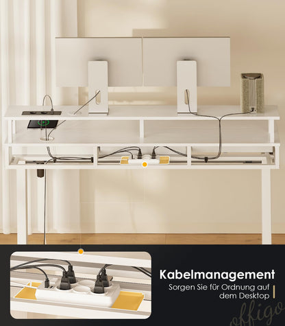 Birou reglabil OffiGo 120 x 54 cm alb cu 3 sertare si USB