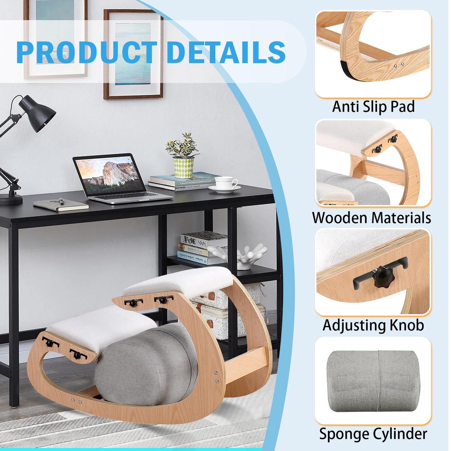 Scaun ergonomic genunchi MallVitally Ajustable din lemn alb