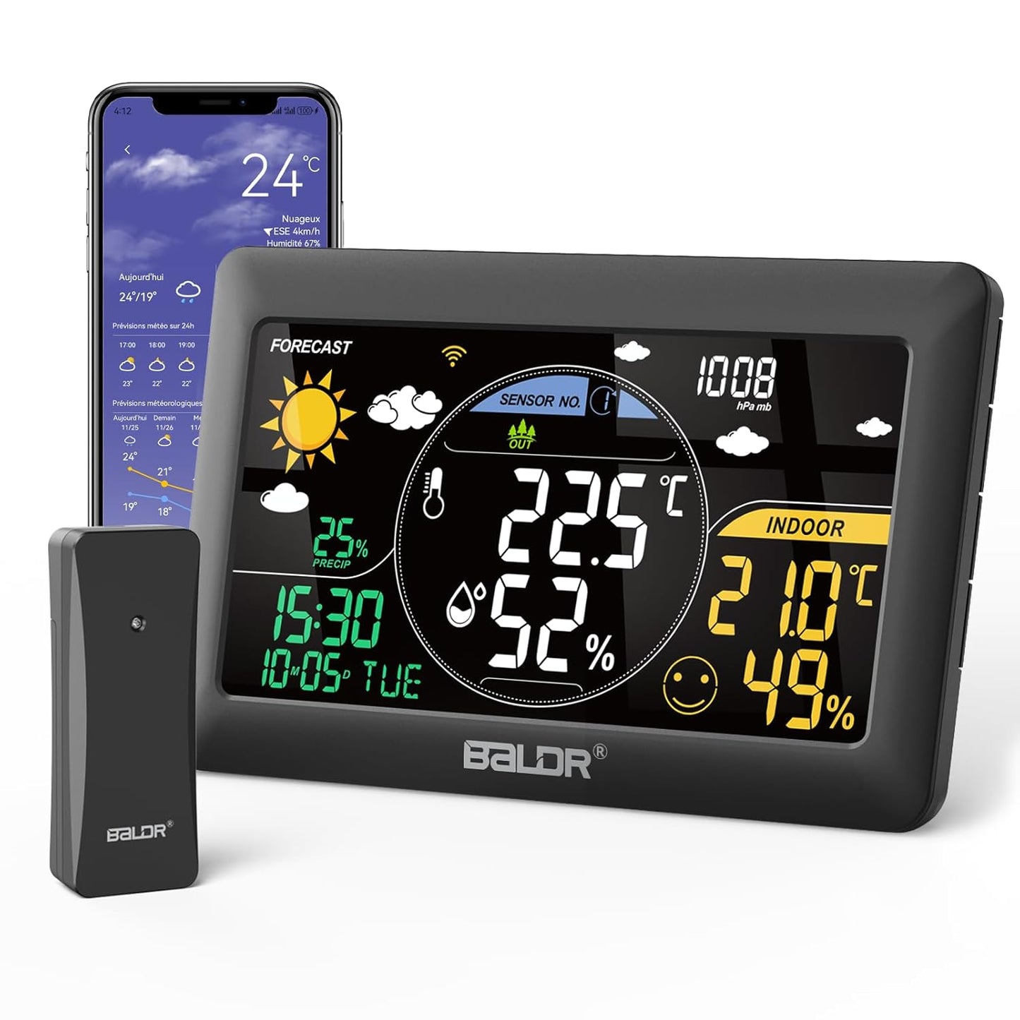 BALDR Wireless Weather Station with Outdoor Sensor, 2.4 GHz WiFi / App Control, 7.5 Inch VA Display, Weather Forecast in Real Time, Real Time Calibration Time, Digital Thermometer Hygrometer Indoor
