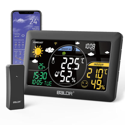 BALDR Wireless Weather Station with Outdoor Sensor, 2.4 GHz WiFi / App Control, 7.5 Inch VA Display, Weather Forecast in Real Time, Real Time Calibration Time, Digital Thermometer Hygrometer Indoor