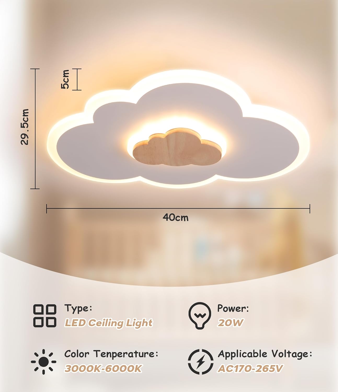 FANLG LED Ceiling Light, 40CM Cloud Light Dimmable Ceiling Lamp with Remote Control 3000-6000K, Kids Night Light 20W Wood Ceiling Light for Kids Room/Living Room/Bedroom/Hallway