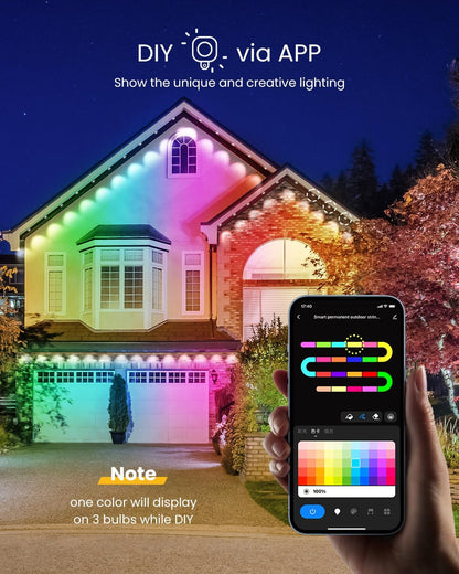 HomaVida Permanent Outdoor Lights 100ft, Christmas DIY Decor, Smart RGB+IC Outdoor Lights for House with Remote, 72 LED IP65 Waterproof Eave Light for Holiday, Party, Work with Alexa, Google Assistant