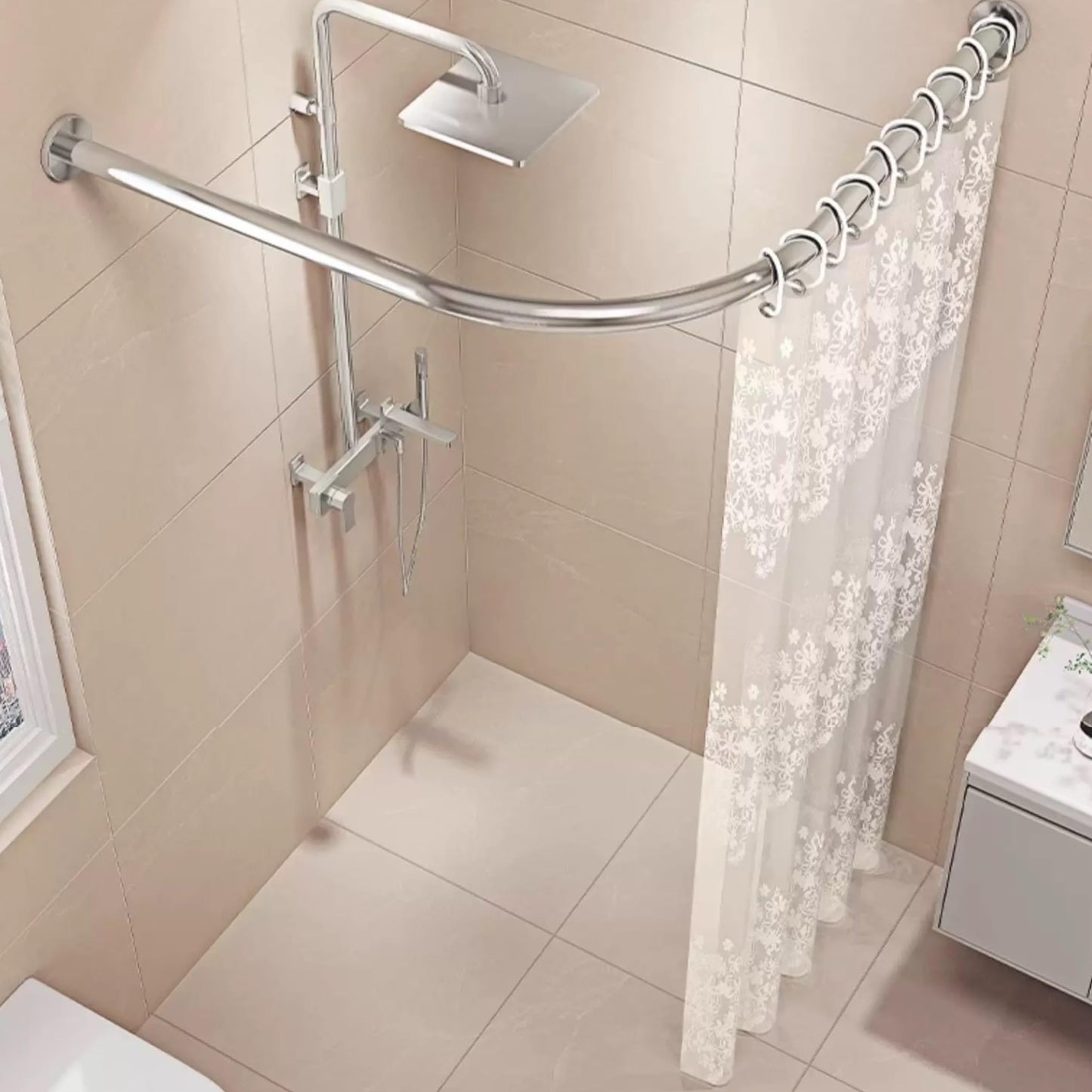 Tija perdea dus L ajustabila 75-95x75-95 cm, fara gaurire, inox