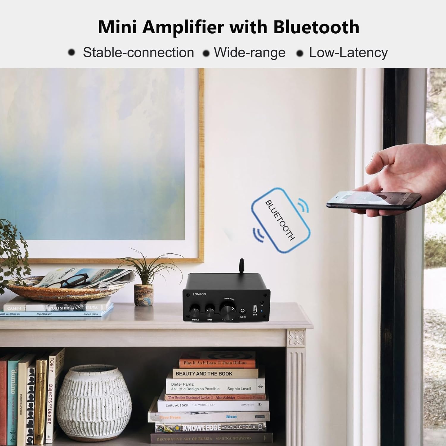 LONPOO Mini Bluetooth HiFi Amplifier 200 W with Remote Control, Optical, Coax, USB, AUX Input, 2 Channel Audio L/R Output for Speaker Cable (AMP-615)