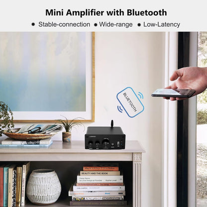 LONPOO Mini Bluetooth HiFi Amplifier 200 W with Remote Control, Optical, Coax, USB, AUX Input, 2 Channel Audio L/R Output for Speaker Cable (AMP-615)