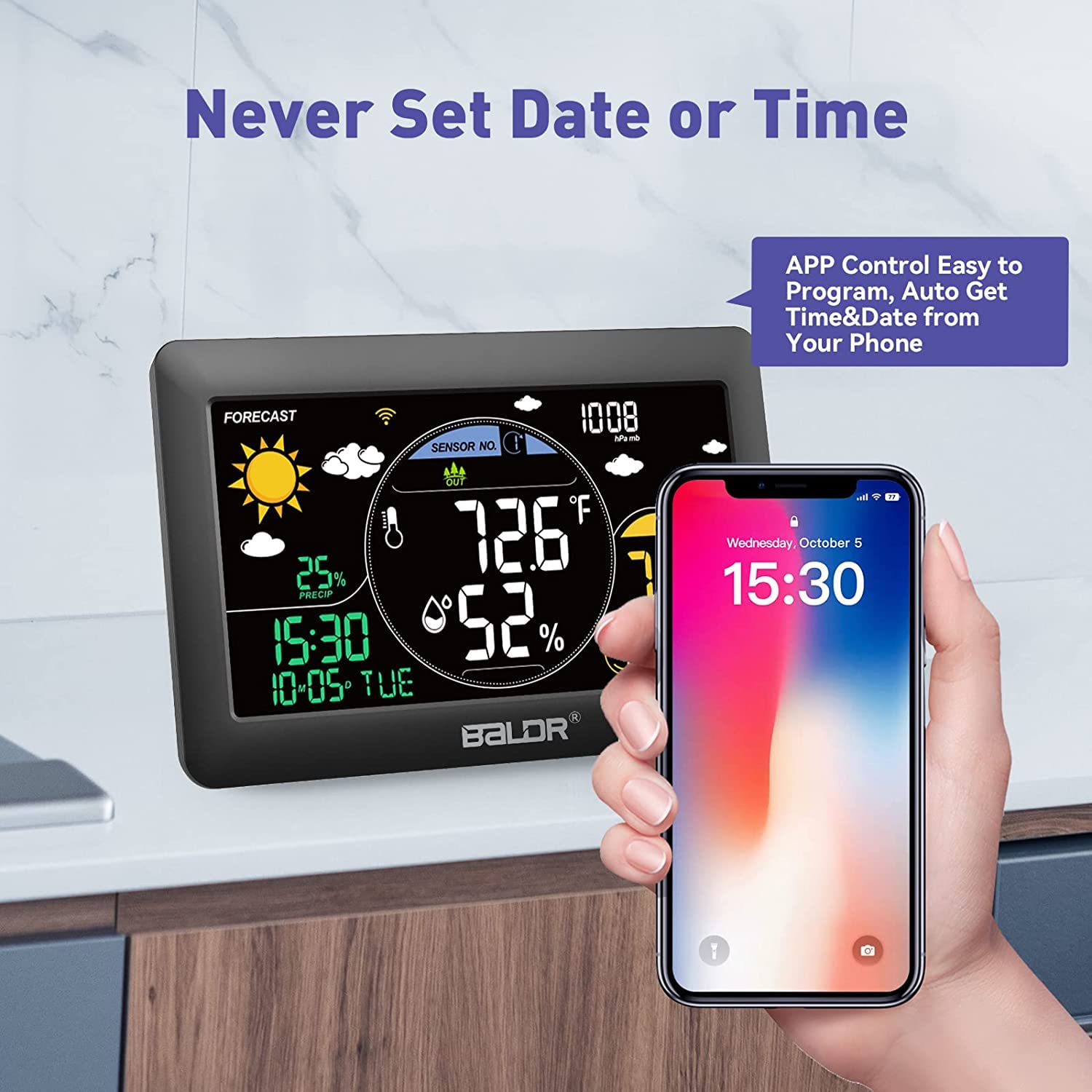 BALDR Wireless Weather Station with Outdoor Sensor, 2.4 GHz WiFi / App Control, 7.5 Inch VA Display, Weather Forecast in Real Time, Real Time Calibration Time, Digital Thermometer Hygrometer Indoor