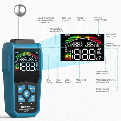 Moisture Meter, DURFICST Moisture Meter Wall, Pin & Pinless Moisture Meter with Colour LCD and Acoustic Alarm, Detects 20-40 mm Walls, Wood, Masonry, Concrete and Other Building Materials