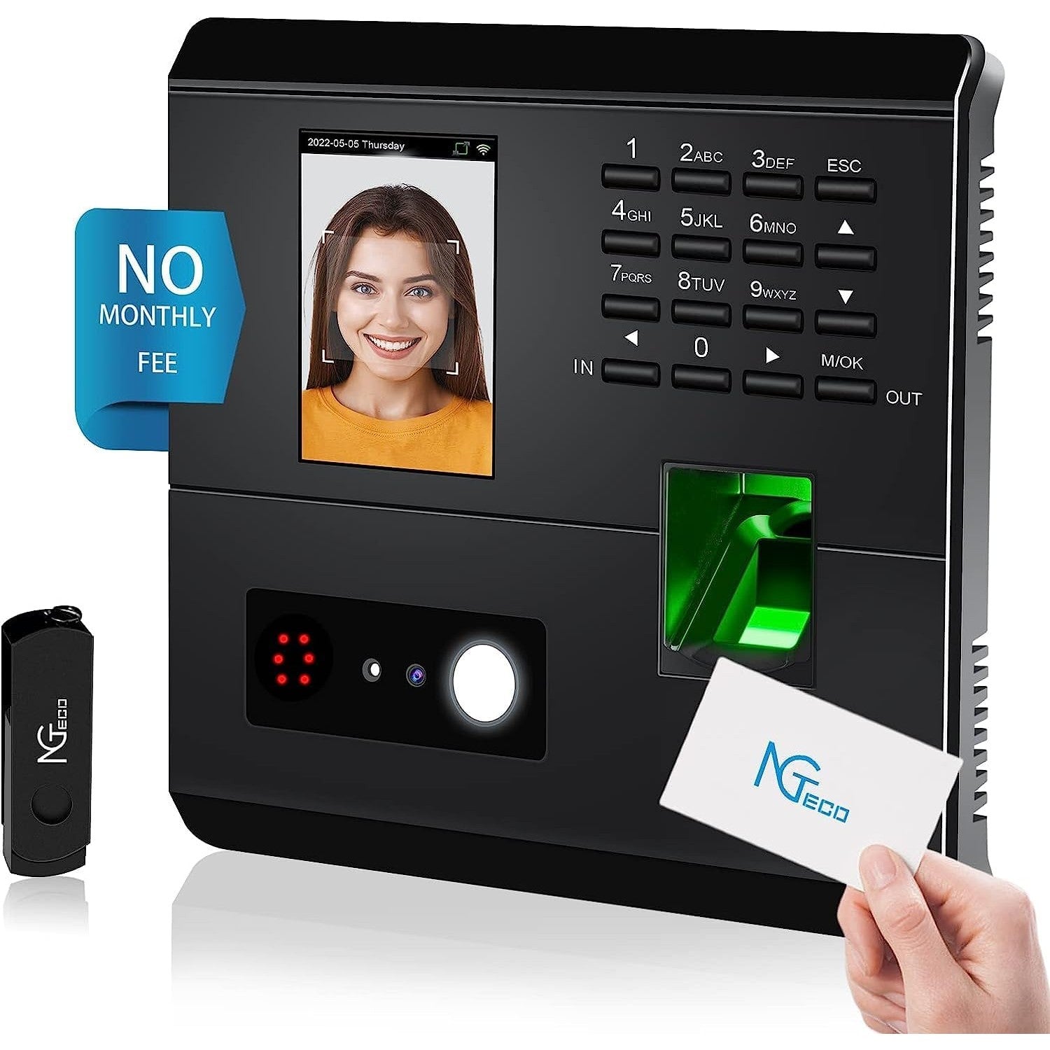 NGTeco Clock in Machine for Employees Time Attendance MachineWith Face, Fingerprint, RFID and PIN Punching in One, Office Time Card Machine Eff Manage Employee Attendance With APP for iOS Android
