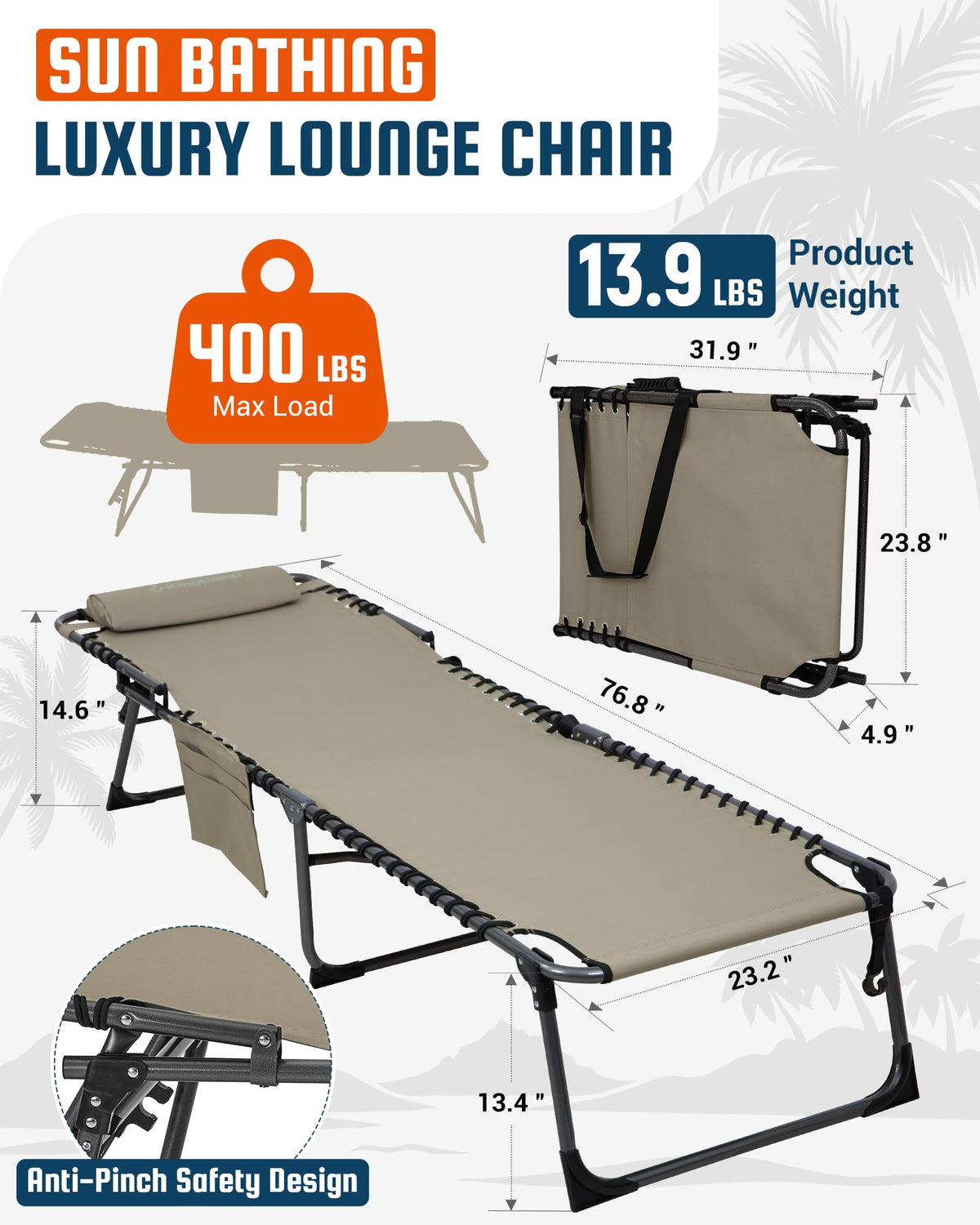 Sezlong pliabil KingCamp 180 kg 5 pozitii aluminiu otel bej