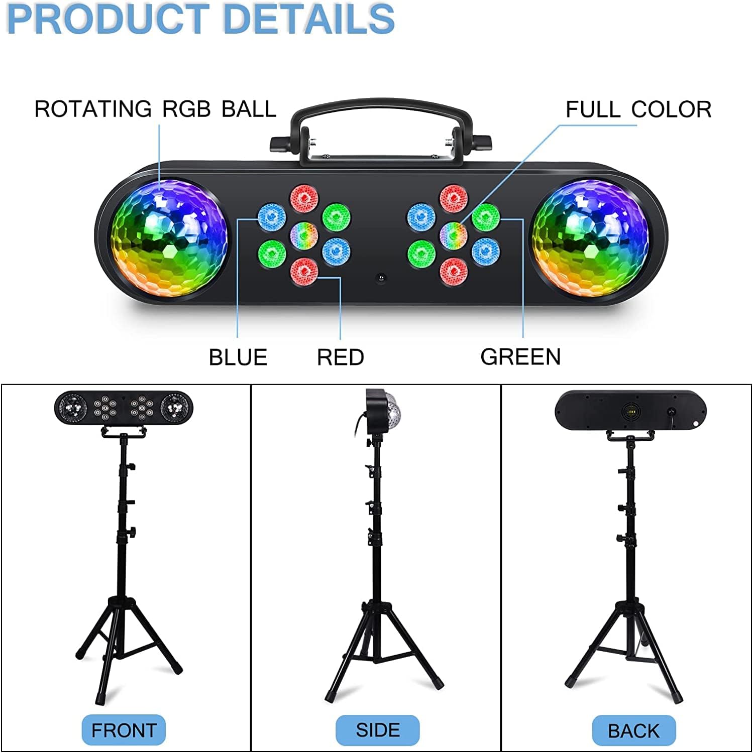 DJ light with tripod, party bar lights, disco spinning ball light, remote control and stage lighting system sound activated for bar concerts, mobile band dance, wedding, Halloween