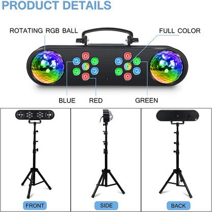 DJ light with tripod, party bar lights, disco spinning ball light, remote control and stage lighting system sound activated for bar concerts, mobile band dance, wedding, Halloween
