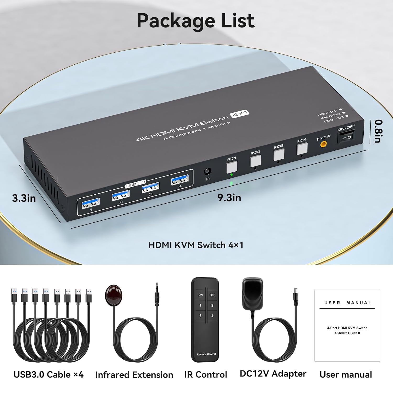 USB3.0 HDMI KVM Switch 4 Computers EDID 4K60Hz 4 Port KVM for 4 PC Sharing 1 Monitor and 4 USB 3.0 Devices with Controller