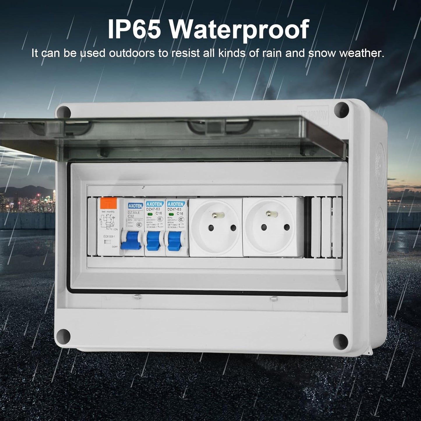 Boîte à fusibles en saillie IP65 01 Simmpatuu-Coffret électrique étanche IP65 équipé Livré,DZ 30mA AC Interrupteur de Fuite, 1 Disjoncteur 16A,2 prise modulaire 16A 2P+T