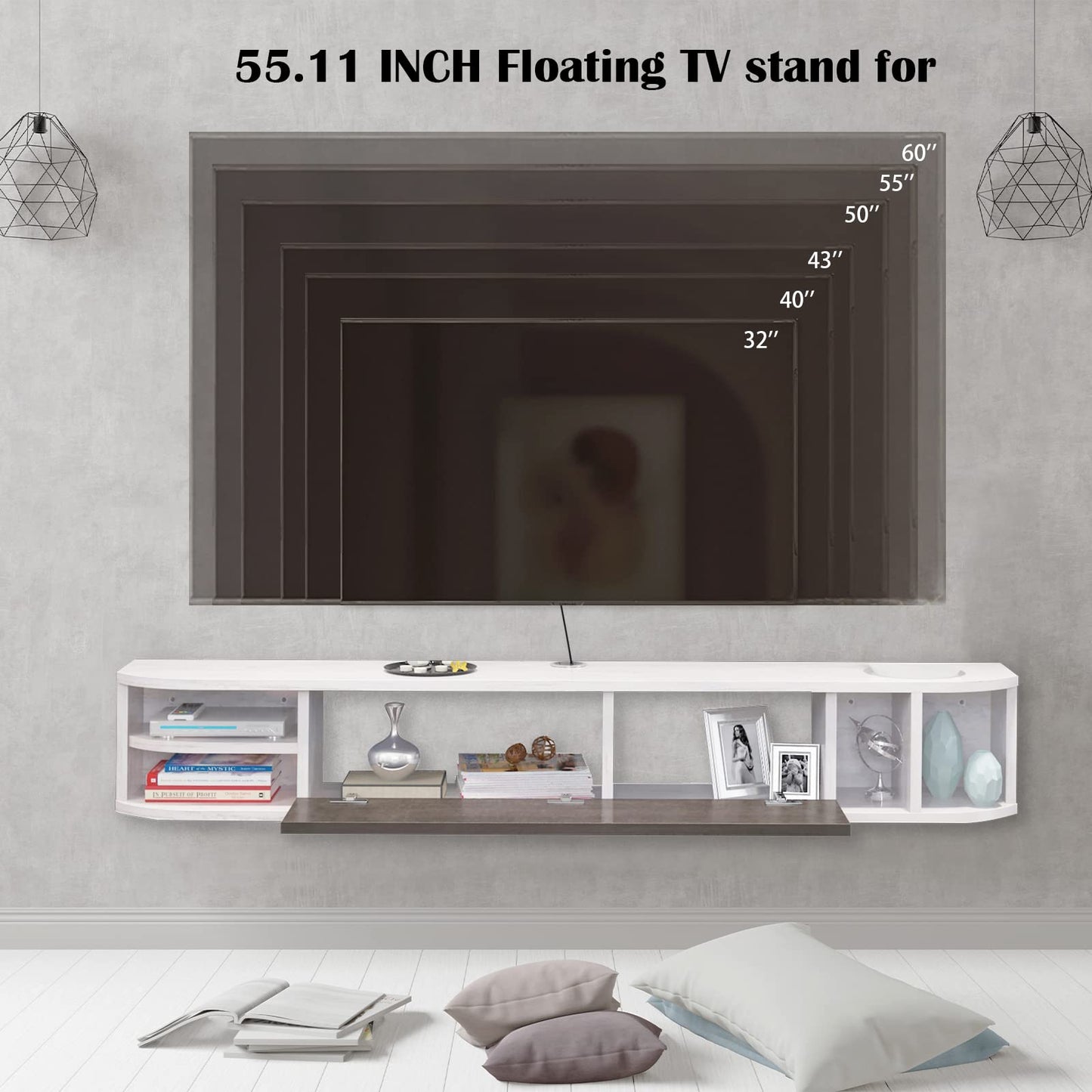 Comoda TV de perete din lemn Pmnianhua 140 cm Lemn Gri-Alb Modern
