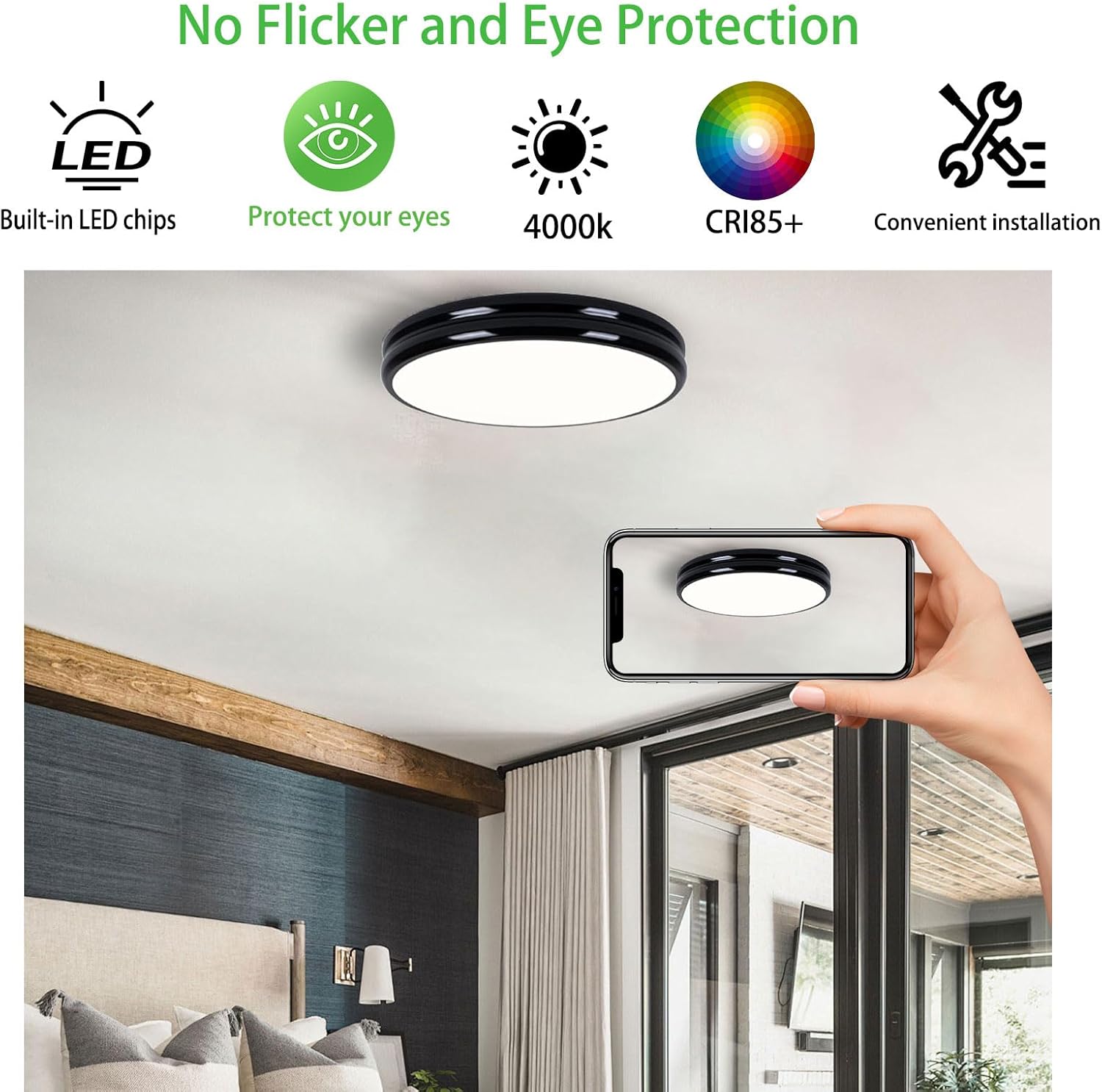 Modern Black LED Ceiling Light, 40cm Round, 36W, 4000K for Kitchen, Bedroom, Living Room, Hall, Bathroom