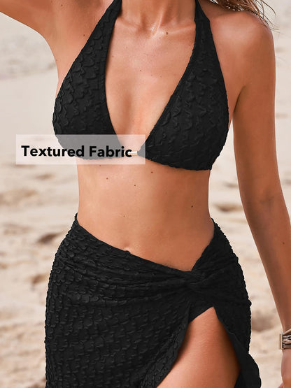 Costum de baie XL CUPSHE Bikini 3 piese V-neck texturat halter