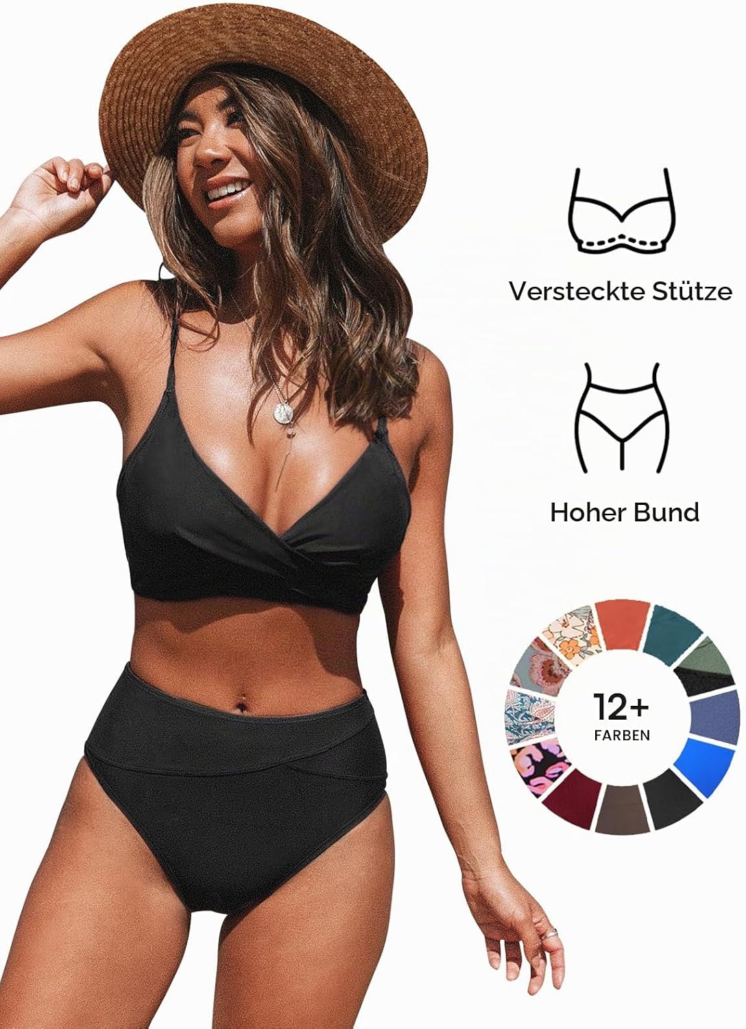 Costum de baie din doua piese CUPSHE, bustiera incrucisata si talie inalta, marimea XL, negru