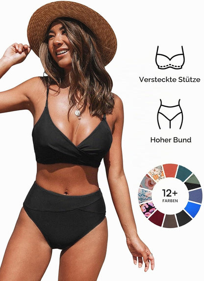 Costum de baie din doua piese CUPSHE, bustiera incrucisata si talie inalta, marimea XL, negru