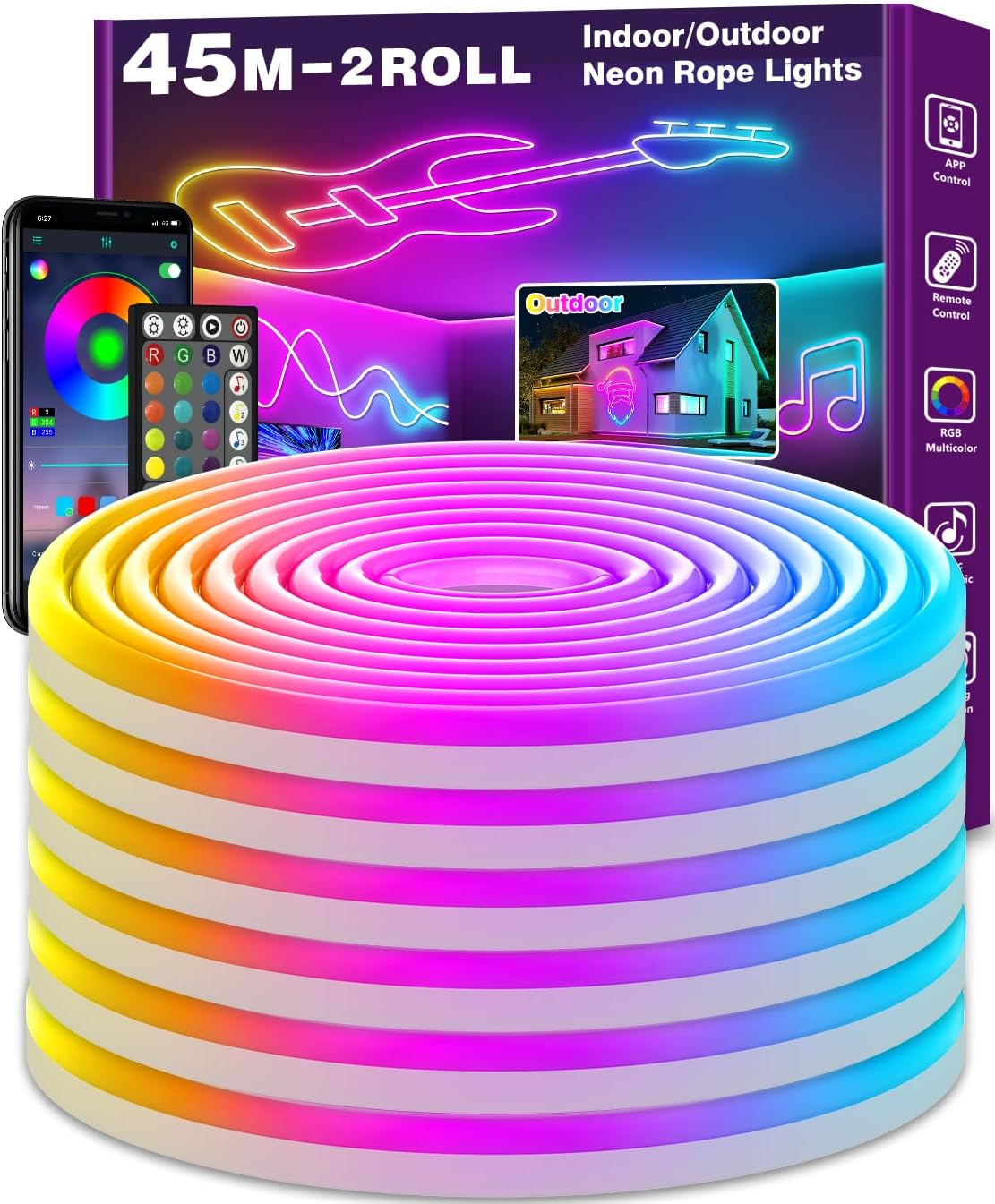 LETIANPAI 45m Neon Rope Lights, Flexible LED Cord Lights Controlled with App/Remote, Multiple Modes, IP65 Outdoor RGB Light Waterproof, Music Sync Led Neon