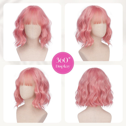 Peruca SOFEIYAN Bob Wavy Pink 30 cm, breton, fibra termorezistenta