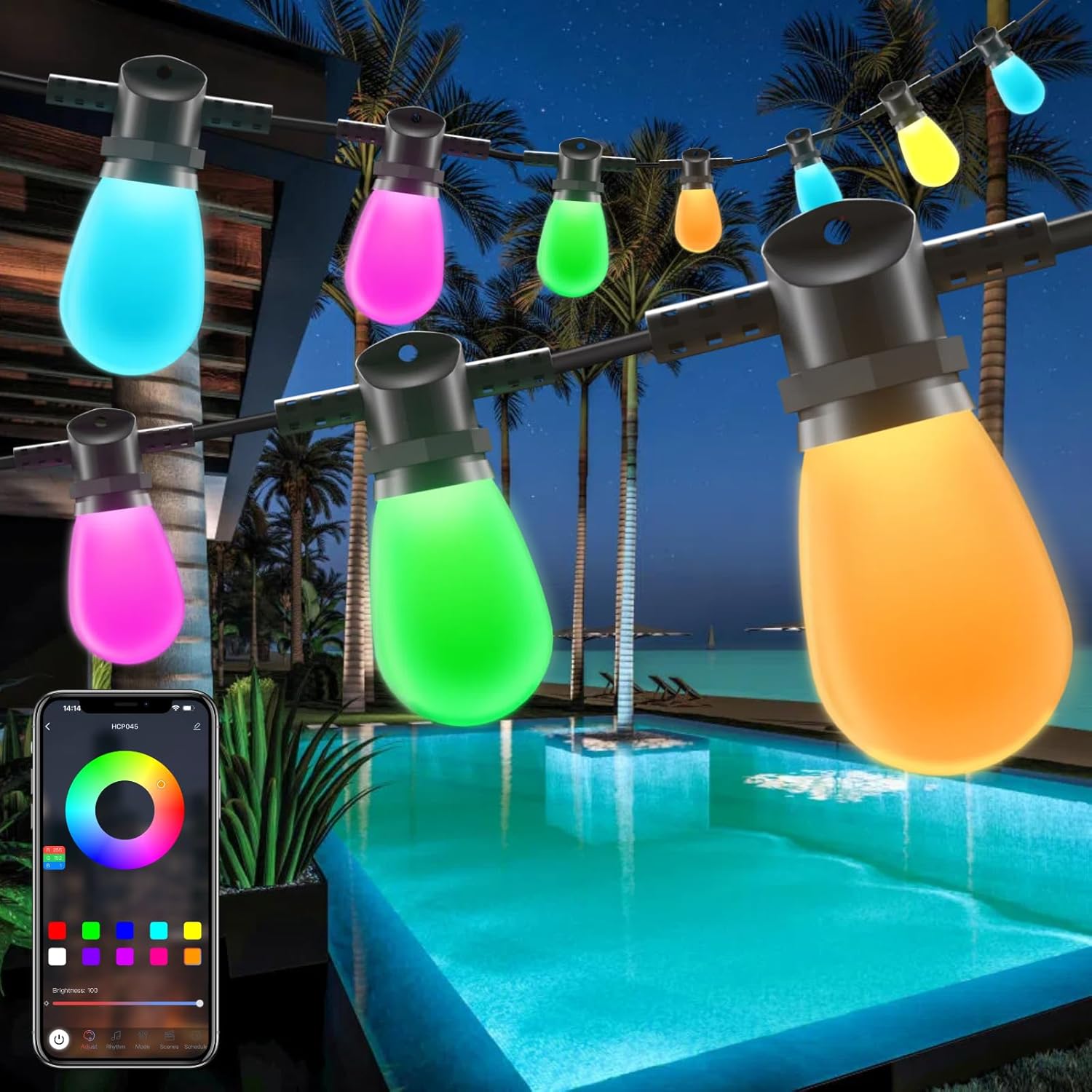 Gaoxun Outdoor String Lights, 15m RGBW Festoon Lights Outdoor with 15 Dimmable S14 LED Bulbs, APP Control, 33 Scene Modes, 234 Lighting Effects, IP65 Waterproof Smart Garden Lights for Backyard Party