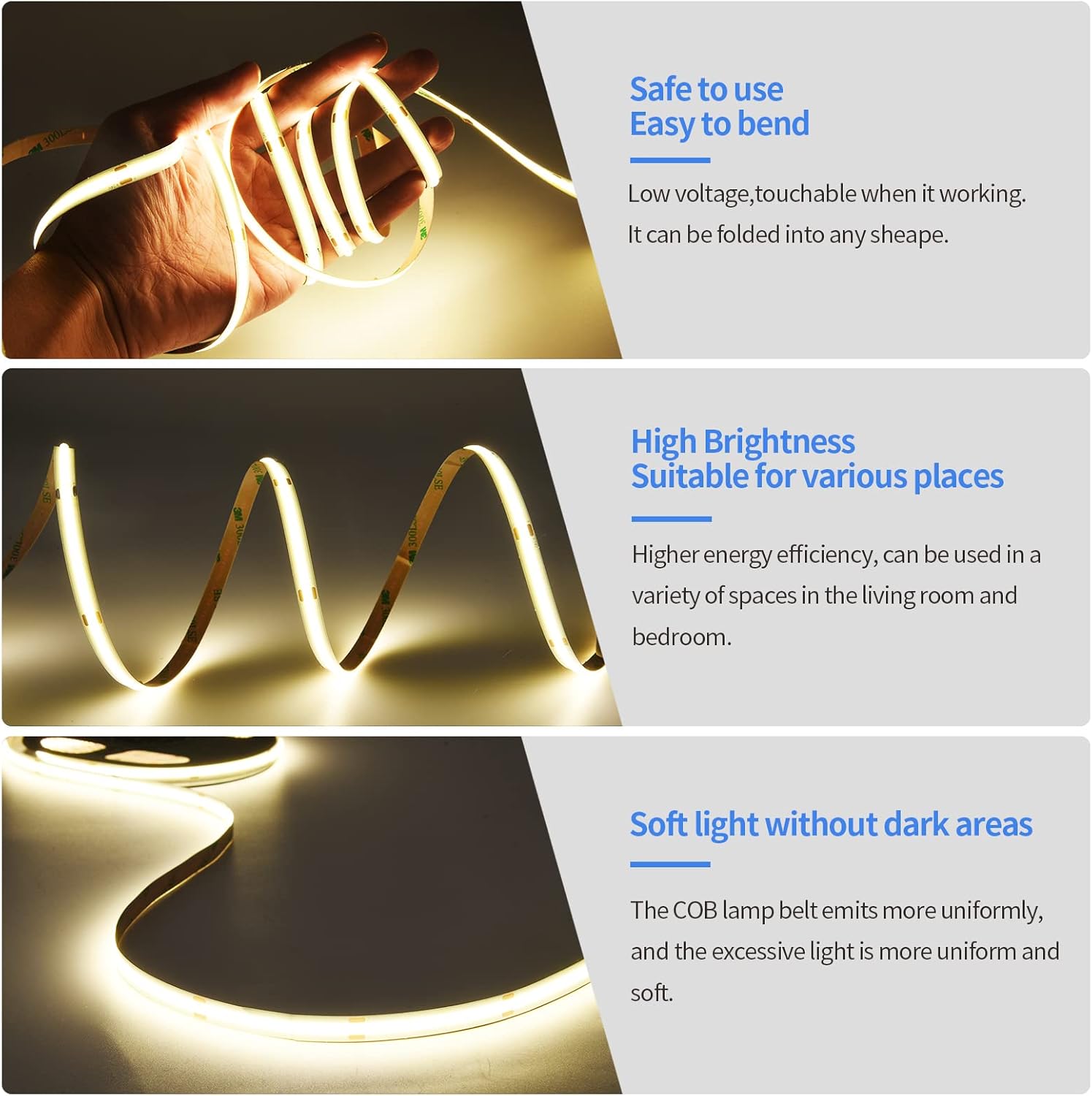 MOMKHBEY COB LED Strip 5 m, 4000 K Natural White LED Strip DC24 V with GS Power Supply, RF Remote Control, 480LEDs/M, CRI 93+, 8 mm Width, Dimmable LED Light Strips for Bedroom, Kitchen, Home