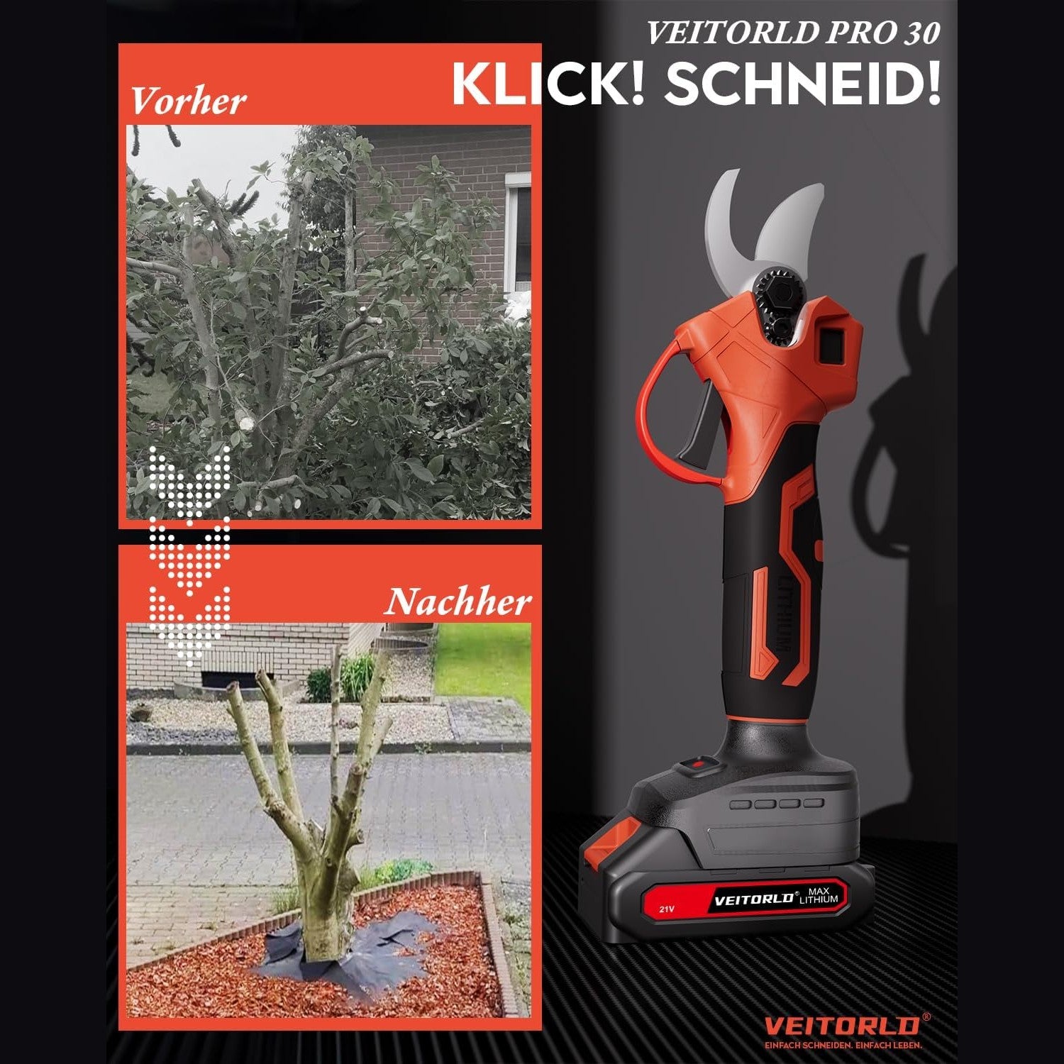 Professional Battery Pruning Shears, 30 mm Garden Shears with 2 Batteries 2000 mAh, 1000 W Brushless Motor Bypass Lopper, Electric Garden Scissors with LED Cutting Meter, Compatible with Makita 18 V