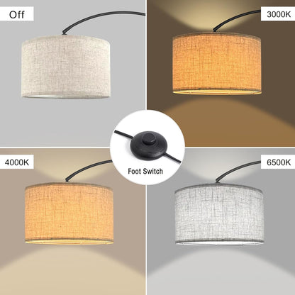 Fortand Arc Lamp Living Room Floor Lamp, LED Floor Lamp with 3 Colour Temperatures 12 W E27 Arch Light Modern Floor Lamp Reading Lamp with Linen Lampshade & Foot Switch Retro for Bedroom
