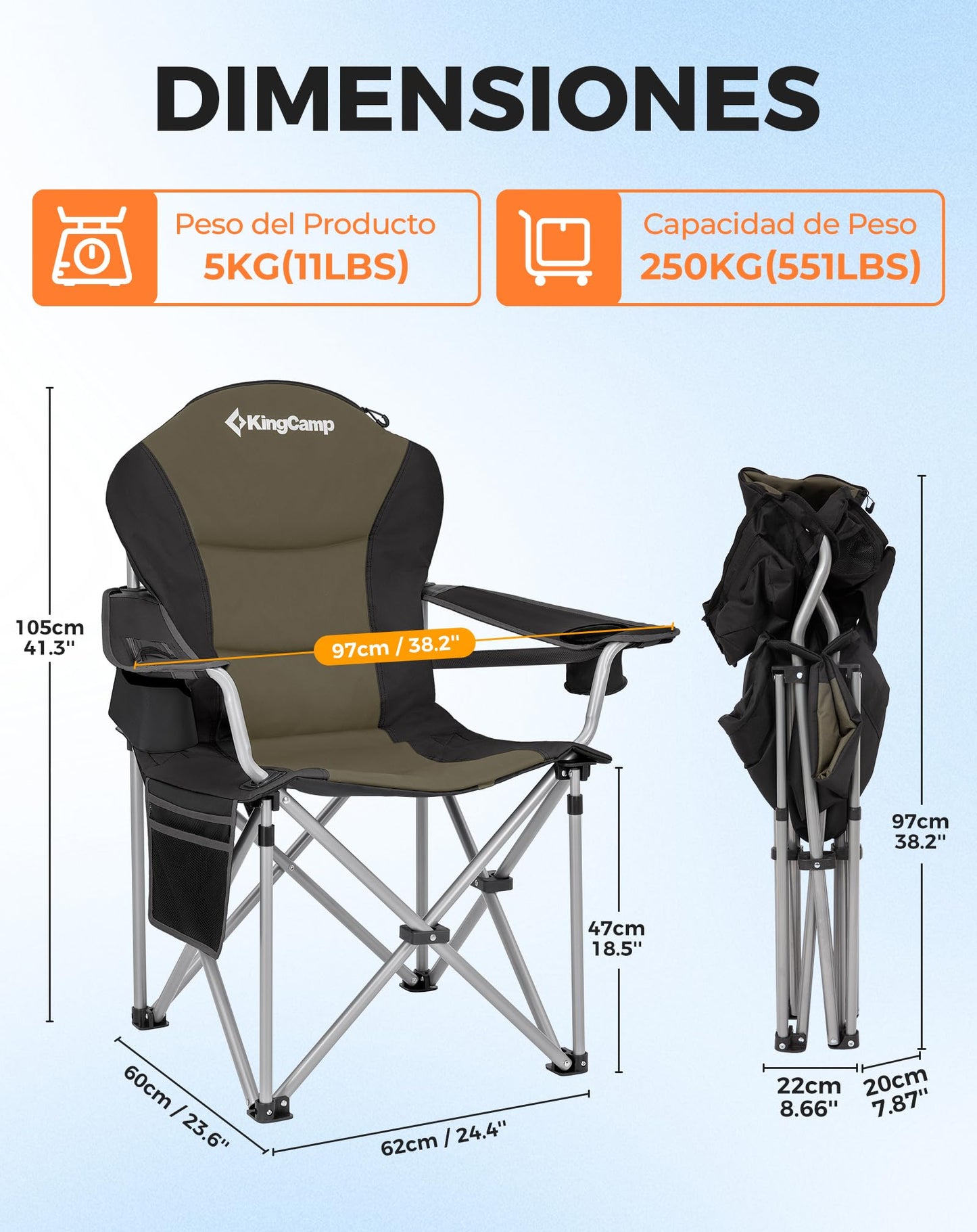 Scaun camping KingCamp Heavy Duty pliabil 250 kg suport lombar
