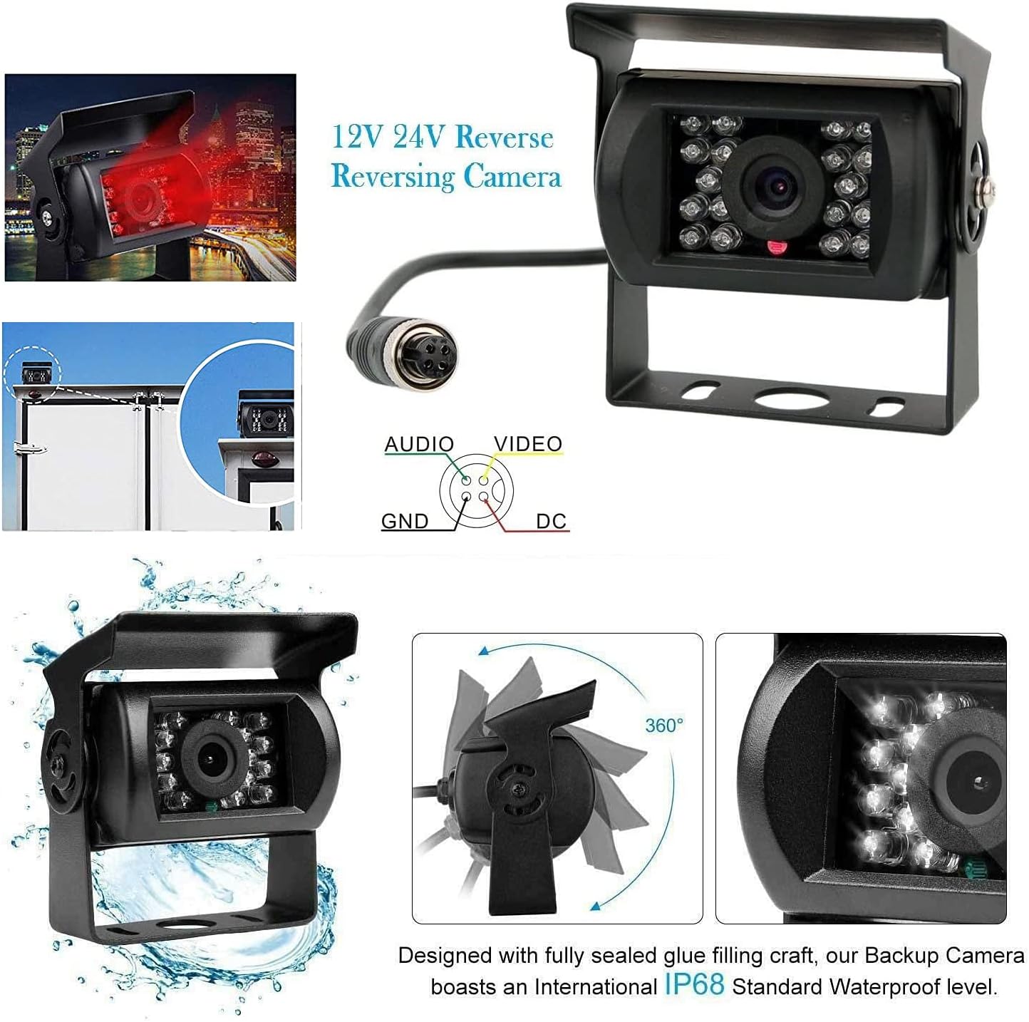 Retrocamera Camper Telecamera per Auto, Monitor LCD da 7" e Telecamera per Auto Kit, Impermeabile IP67 HD Visione Notturna con Linea di Ritardo di 15 m Sistema di Sensori di Parcheggio