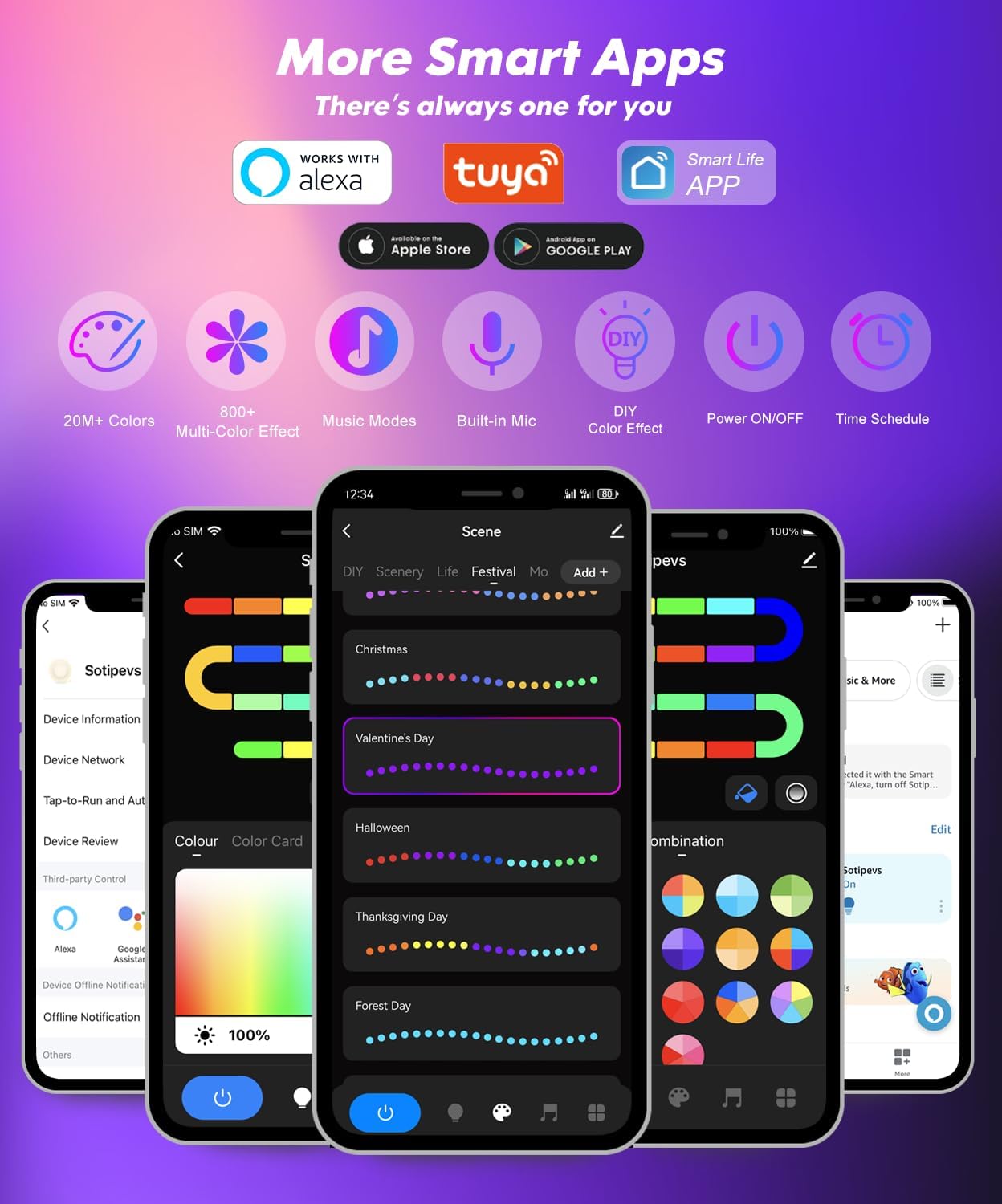 LED Floor Lamp Living Room, WiFi RGB Floor Lamp, Dimmable, Works with Alexa, 155 cm LED Floor Lamp with App, DIY Mode, 16 Million Colours, 44+ Scene Modes, Music Modes & Timing Function, Decorative