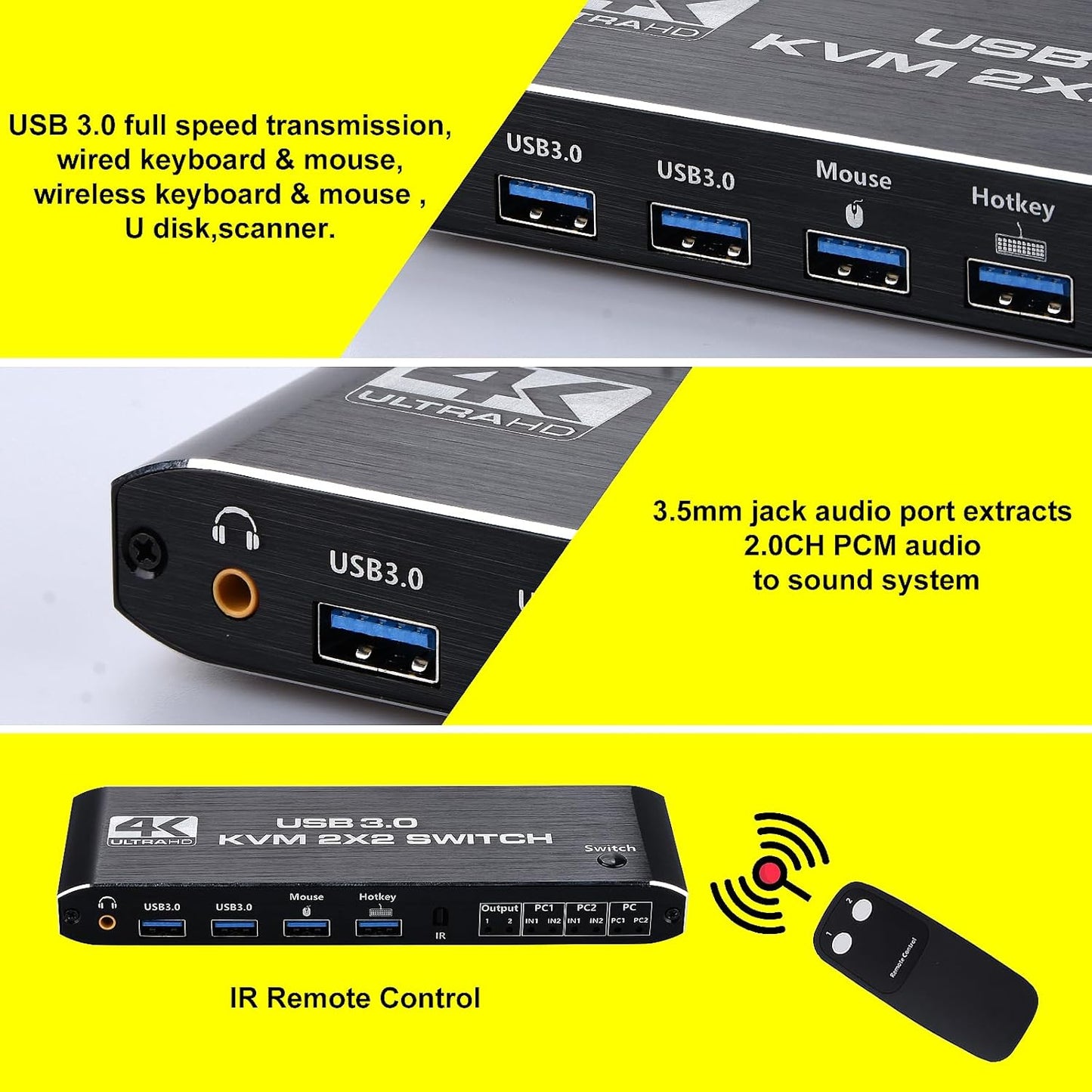 USB 3.0 Display 4K @ 60Hz KVM Switch Dual Monitor 2 in 2 out HDMI KVM Switch with Keyboard Hotkey