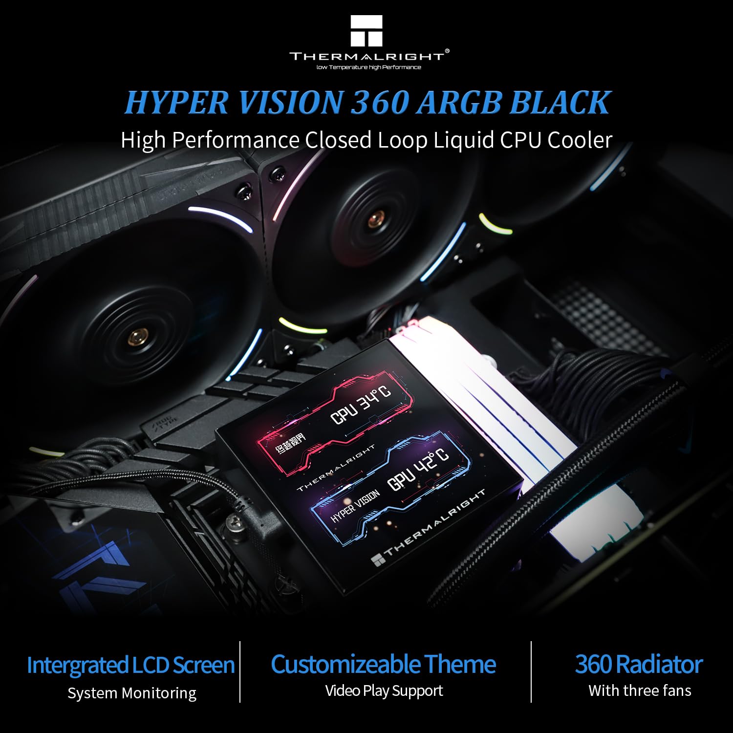 Thermalright Hyper Vision 360 ARGB Black AIO CPU Liquid Cooler,IPS LCD Screen with 480x480 Resolution,for AM5/Intel LGA1851/1700,3.95in Magnet-Absorbent LCD Screen for Images,Black CPU Water Cooling