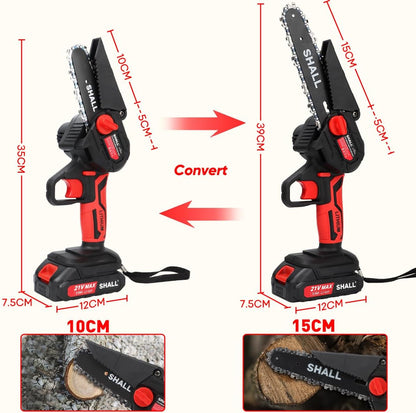 SHALL Portable Mini Chainsaw, Brushless Motor 21 Volt, 2 Fast Charge Batteries, 4 Chains, Cut Branches, Gardening, Best Choice for Husband, Dad, Wood DIY Lovers