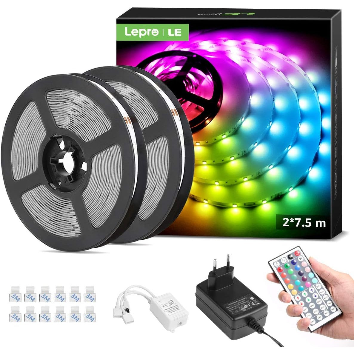LE LED Strip 15 m, LED Strip, RGB Band, 5050 SMD LED Strips, 12 V, Self-Adhesive Light Strip with 44 Button Remote Control, Flexible LED Strip, LED Fairy Lights for Home, Party, Bar, TV, (2 x 7.5 m)