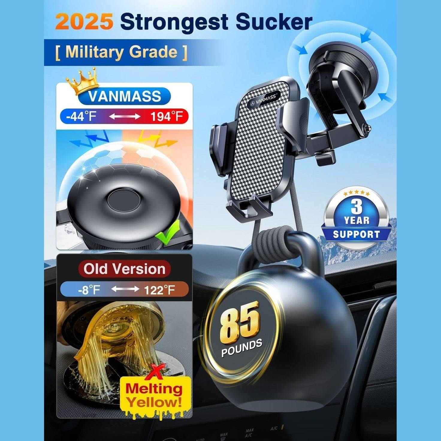 [2025 True Military-Grade] Car Phone Holder VANMASS [Upgraded Strongest Suction & Clip] Cell Phone Mount for Dashboard Windshield Vent,Truck Cradle Stand for iPhone 16 Pro Max 15 14 13 Samsung Android