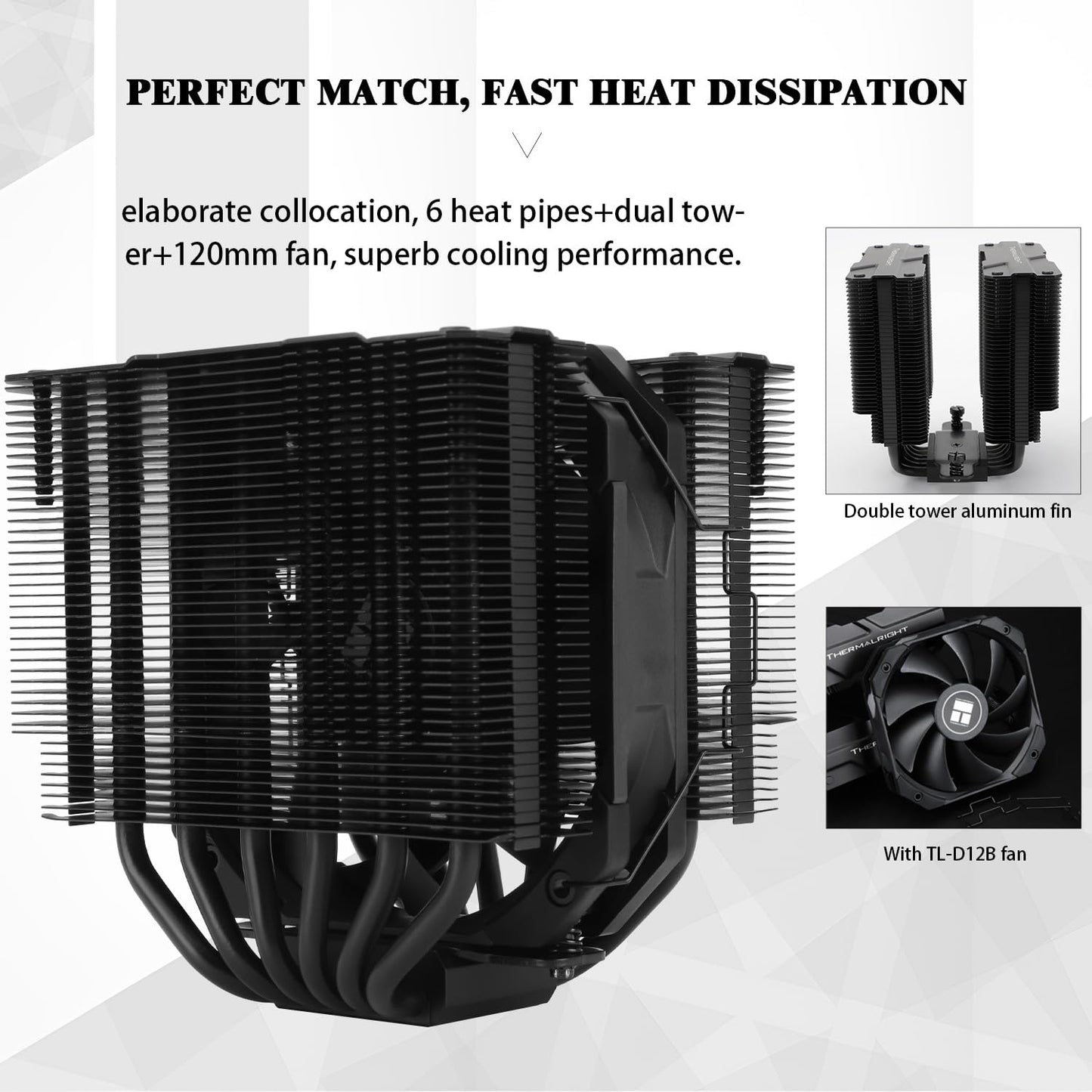 Thermalright Peerless Assassin 120 Mini Black CPU Cooler, 6 Heat Pipes AGHP Technology, with 120mm PWM Fan, 1500RPM Speed, for AMD:AM4 AM5/Intel LGA 1851/1700/1150/1151/1200/2011,PC Cooler