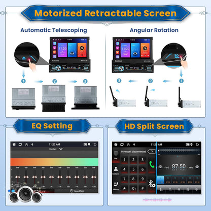 Inefala Android 15 Autoradio 1 Din CarPlay mit motorisiertem Bildschirm (2 + 64G), 7 Zoll Bluetooth Autoradio mit Wireless Android Auto CarPlay Mirror Link FM RDS GPS WiFi Rückfahrkamera AUX USB