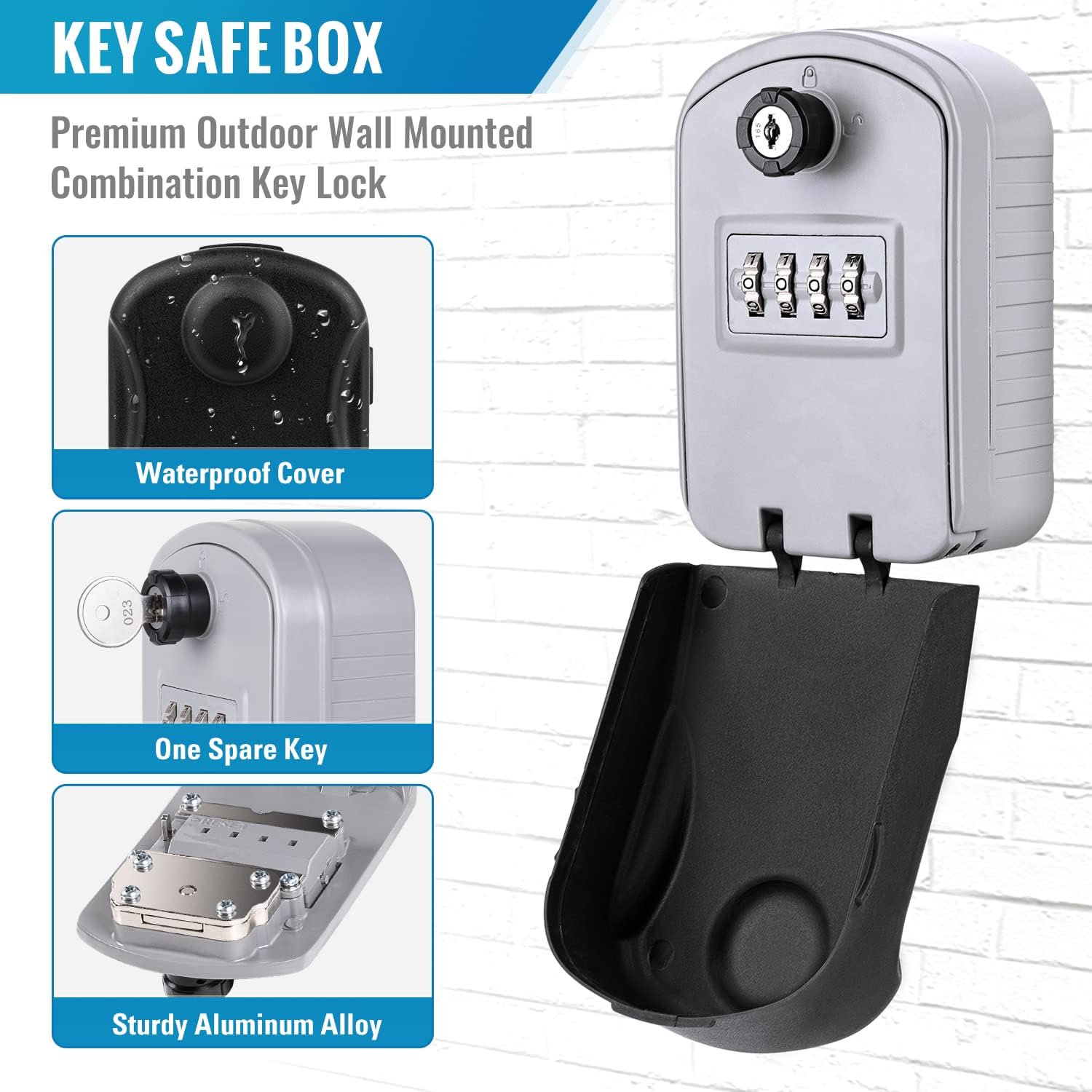 ENONEO Key Safe Key Safe with 4-Digit Combination Code with Waterproof Cover Large Key Box Key Box Wall Mounted Outdoor Indoor for Home, Car, Offices and Garages (Grey)