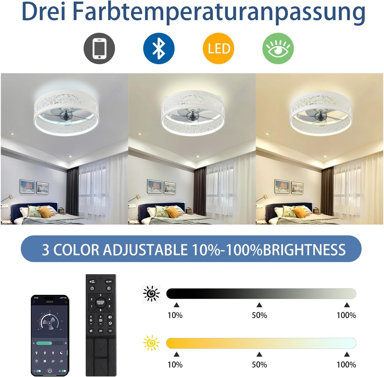 Ceiling Fan with Lighting LED 60 W Ceiling Light with Fan Modern Quiet Ceiling Light with Remote Control Dimmable 6 Speeds Lamp with Fan for Living Room Bedroom White