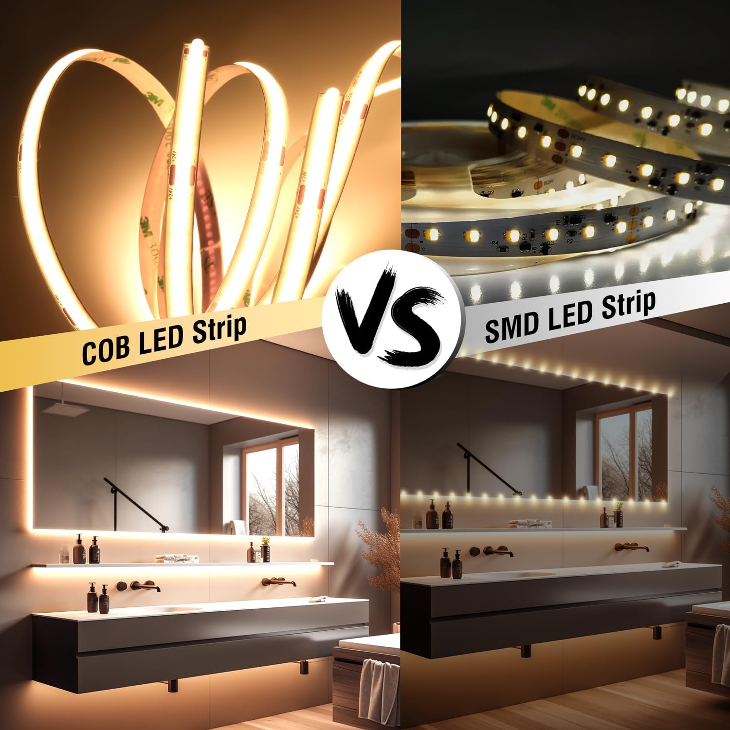 COB LED Strip 10M, 3000K Warm White LED Strips, 24V Dimmable LED Strip Lights, CRI92+,8mm Width, with Remote Control and Power Supply,for Living Room, Kitchen, Mirror