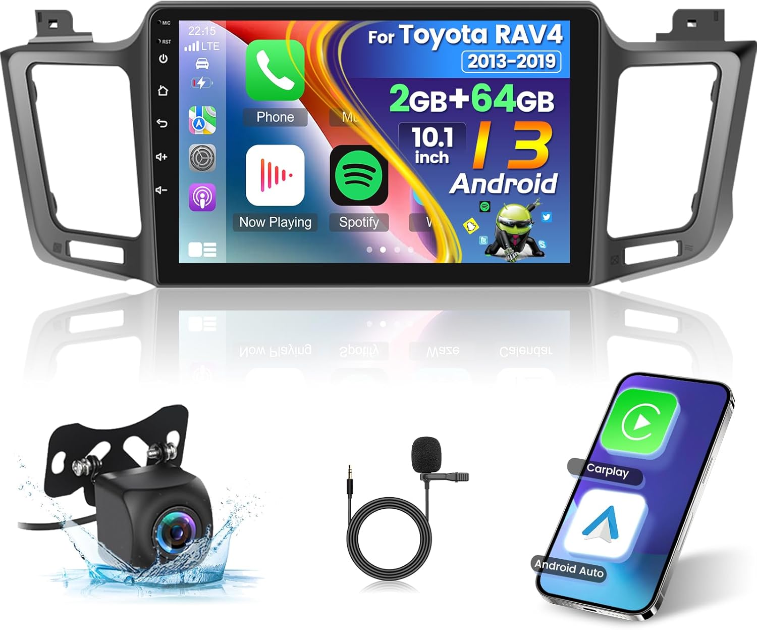 [2G+64G] Car Radio for Toyota RAV4 2013-2019 - 10.1 inch Touchscreen Android 13 Stereo - Wireless Carplay & Android Auto/Mirror Link/EQ/WiFi/GPS/SWC + AHD Backup Camera + Mic