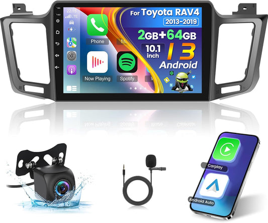 [2G+64G] Car Radio for Toyota RAV4 2013-2019 - 10.1 inch Touchscreen Android 13 Stereo - Wireless Carplay & Android Auto/Mirror Link/EQ/WiFi/GPS/SWC + AHD Backup Camera + Mic