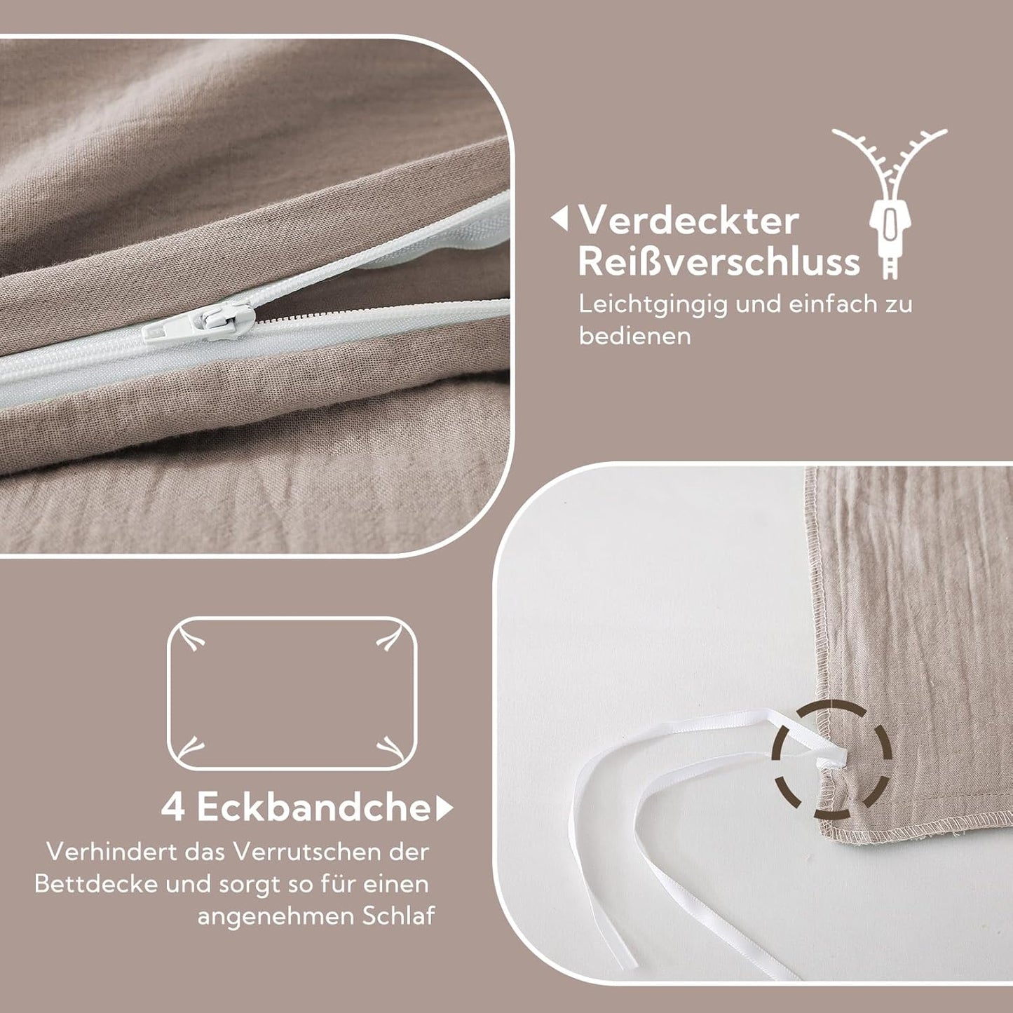 SOULFUL Double Muslin Bed Linen 200 x 200 cm Cotton, Bed Linen Sets 1 Duvet Cover with 2 Pillowcases 80 x 80 cm, Oeko-Tex Bed Linen Champagne Pink with Zip