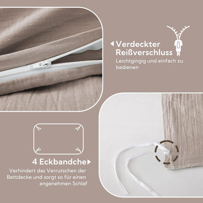 SOULFUL Double Muslin Bed Linen 200 x 200 cm Cotton, Bed Linen Sets 1 Duvet Cover with 2 Pillowcases 80 x 80 cm, Oeko-Tex Bed Linen Champagne Pink with Zip