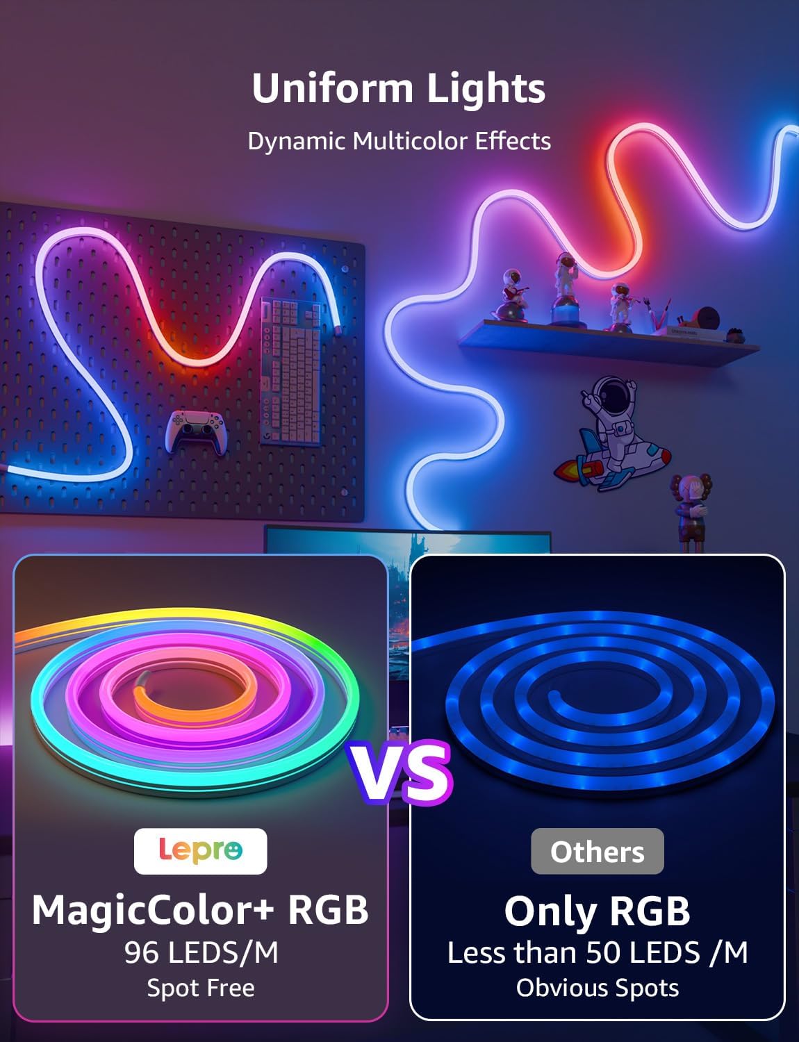 Lepro N1 AI Smart Rainbow Neon Light Strip 10M, 96 LEDs/M, Works with Alexa and Google Home, Music Sync, AI Lighting Design Assistant, IP65 LED Rope Light, MagicColor LED Lights, App & Voice Control
