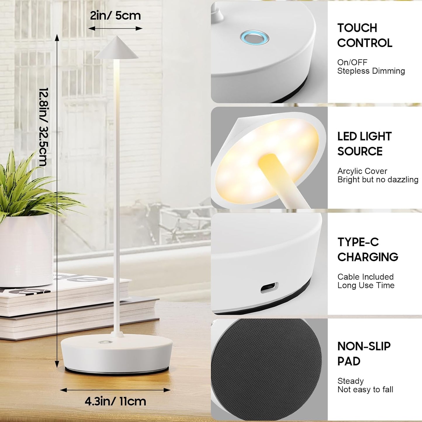 Paquete de 2 lámparas de mesa inalámbricas recargables, lámpara de mesa LED portátil para exteriores, impermeable, 6000 mAh, lámpara de escritorio, 3 colores de atenuación continua para